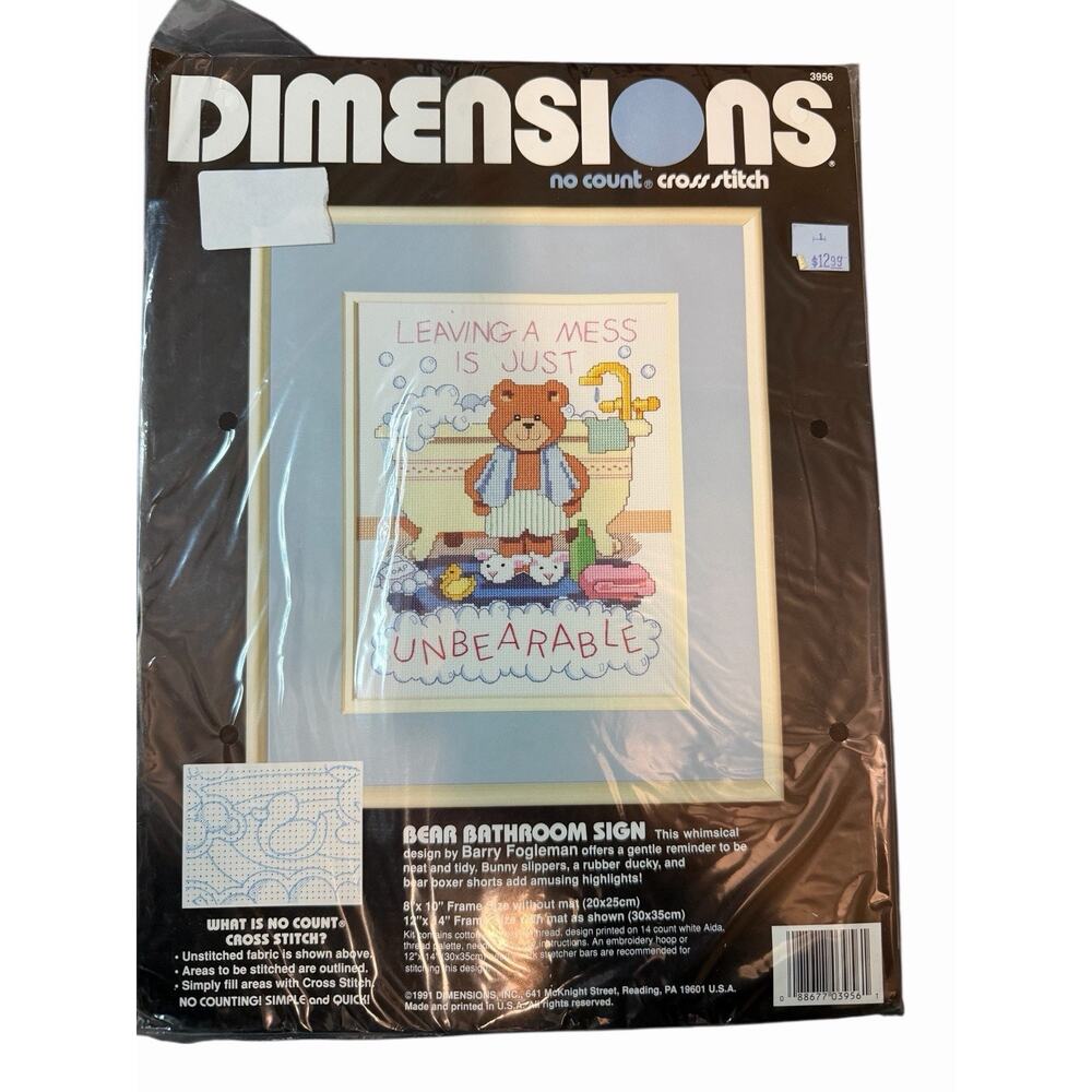 1991 Vintage New Dimensions Cross Stitch Kit 3956 Bear Bathroom Sign 8" X 10"